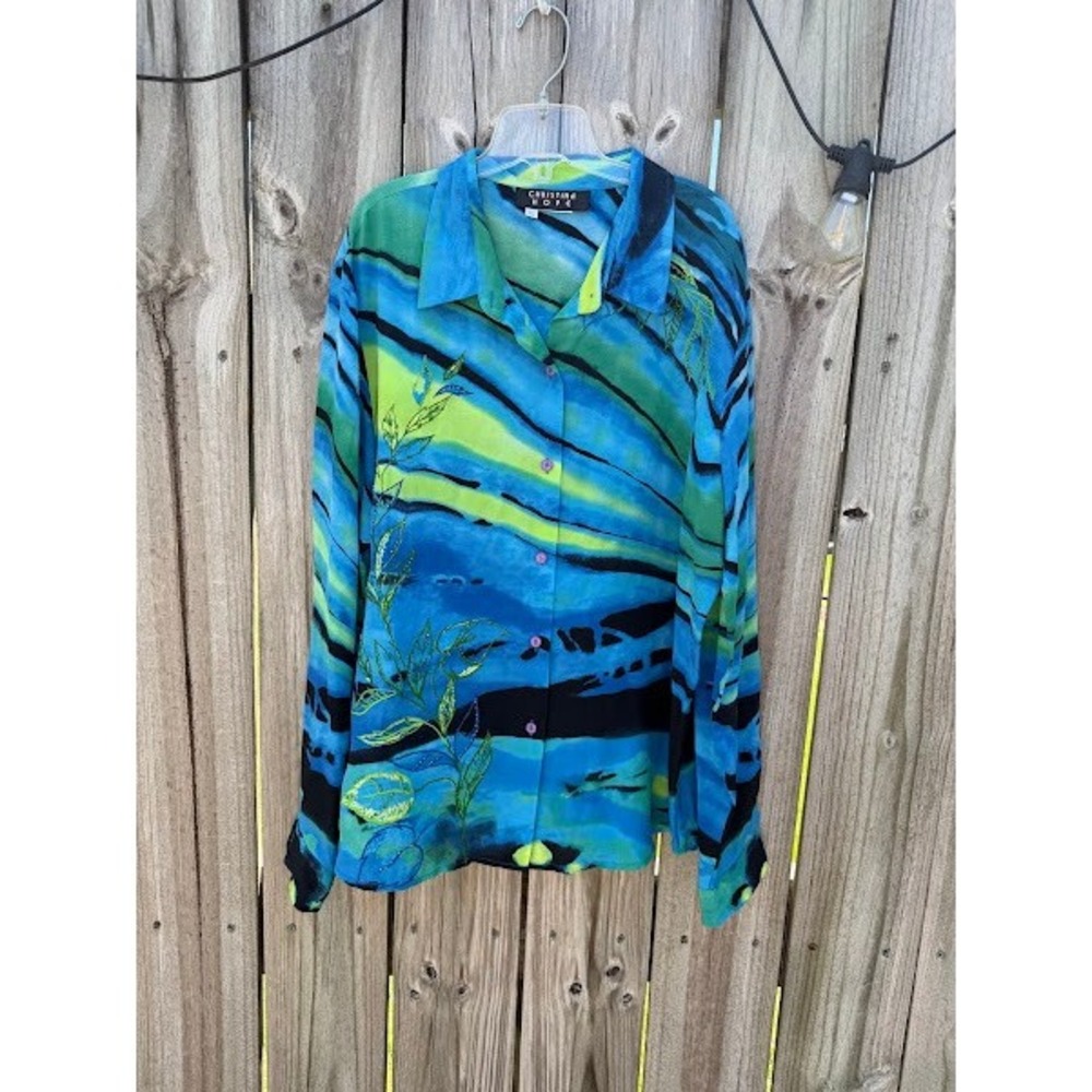 Christina Hope Womens Blue Green Abstract Wave Embroidered Button Down Blouse L